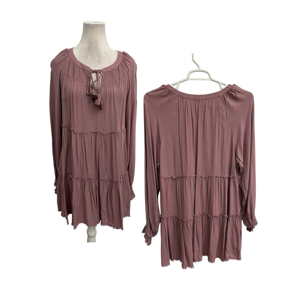 CATO XL Mauve Pink Tiered Boho Peasant Blouse Babydoll High Low Hem Top - Picture 1 of 14